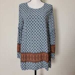 Spade & Heart M Pullover Boho Tunic Top Long Bell Sleeve Ruffle Blue Brown